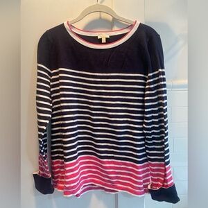 Talbots -Cotton Striped Sweater with Navy Cuff Detail, Navy Multi, Size LP
